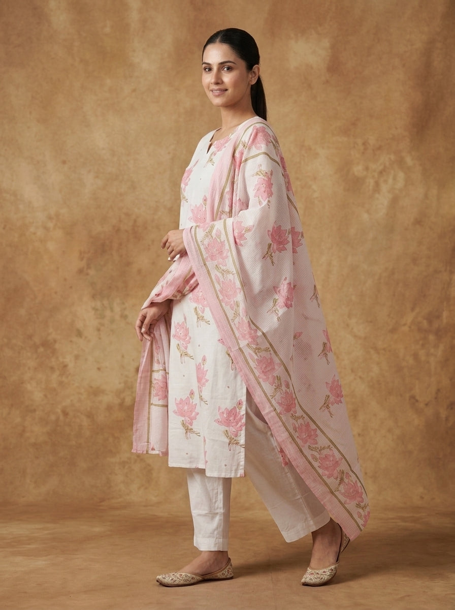 White Pink Lotus Print Cotton Kurta Set for Women – Straight Suit with Dupatta