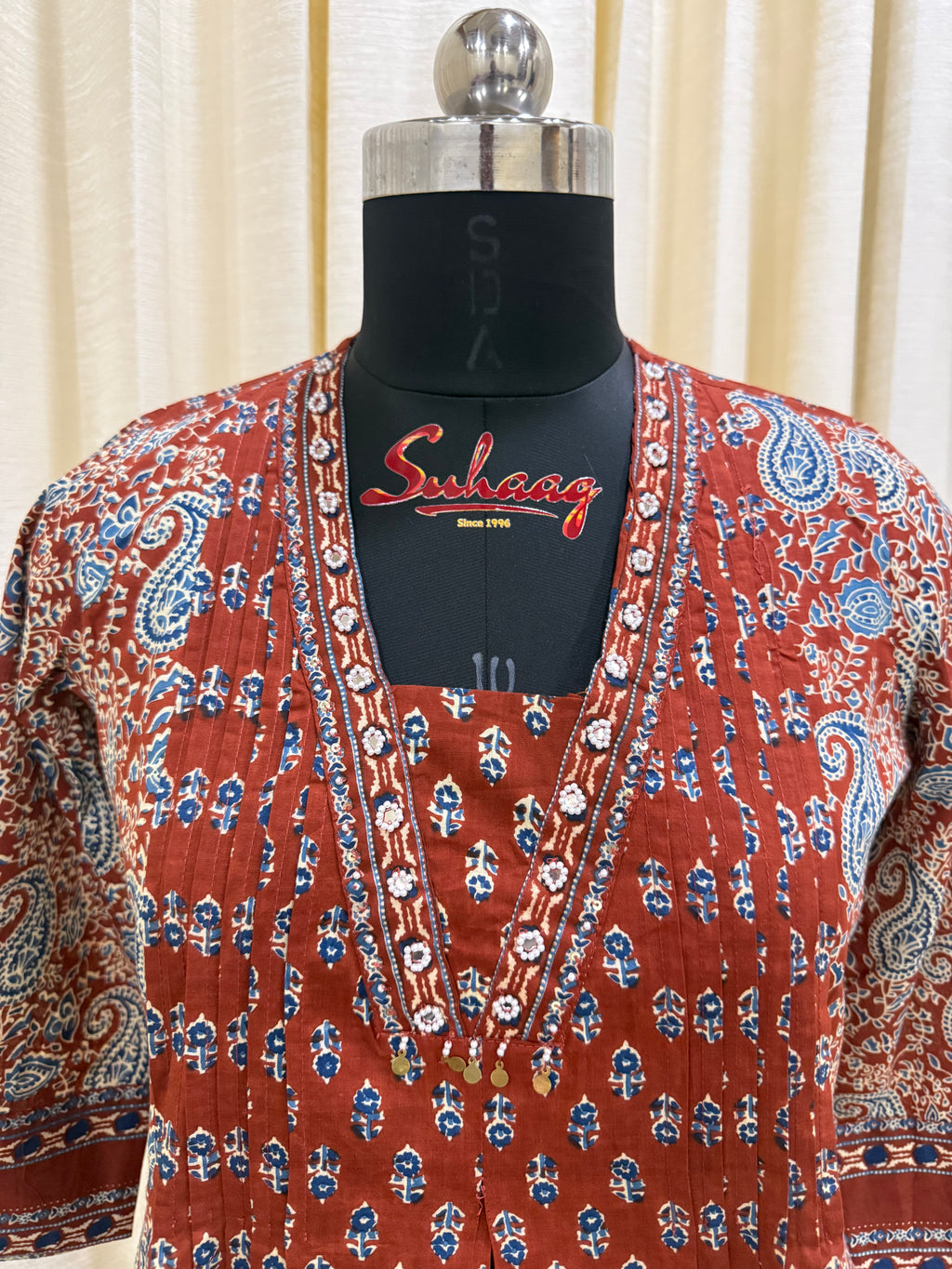 Rust and Indigo Ajrakh Cotton Kurta Set for Women – Block Print Ethnic Suit