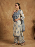 Ivory Blue Floral Block Print Cotton Kurta Set for Women – Straight Suit with Palazzo & Dupatta