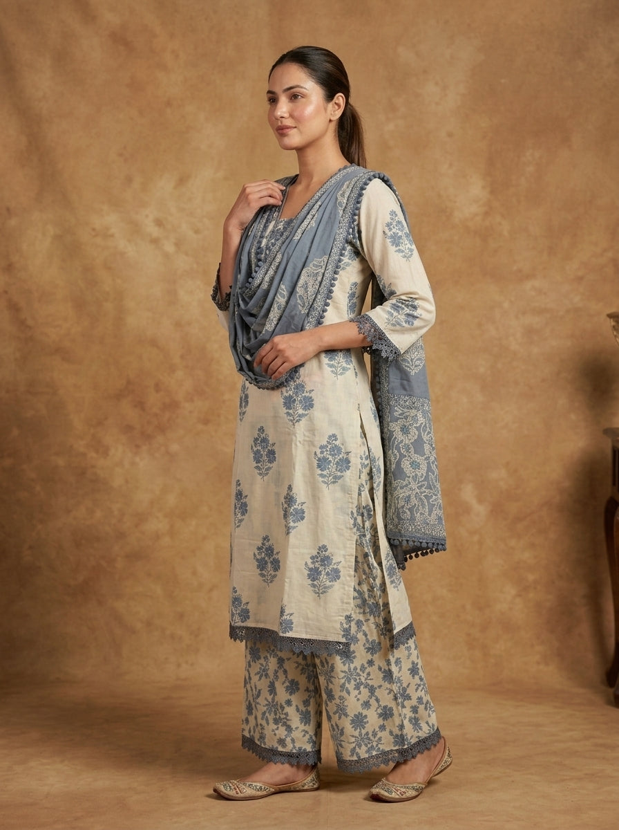Ivory Blue Floral Block Print Cotton Kurta Set for Women – Straight Suit with Palazzo & Dupatta