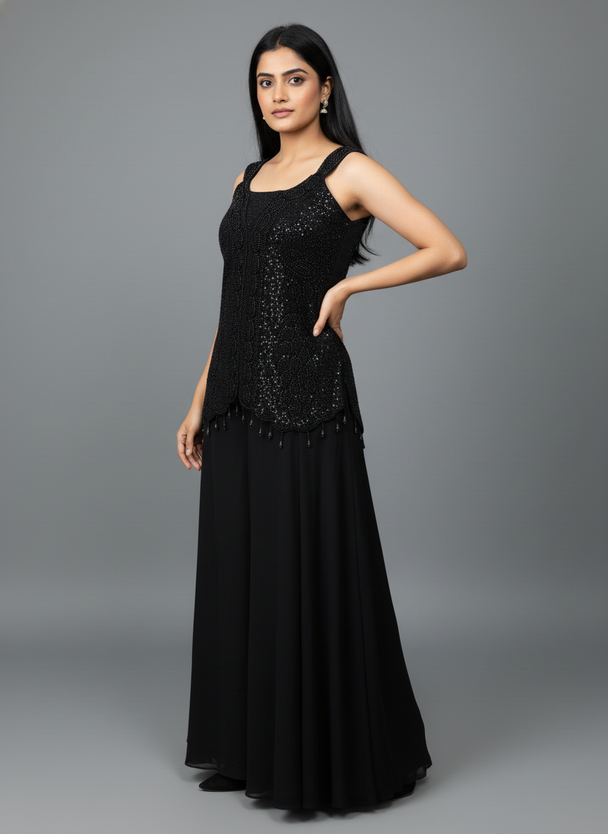 Blackout Glam Set – Black Sequin Tunic and Flowy Georgette Palazzo