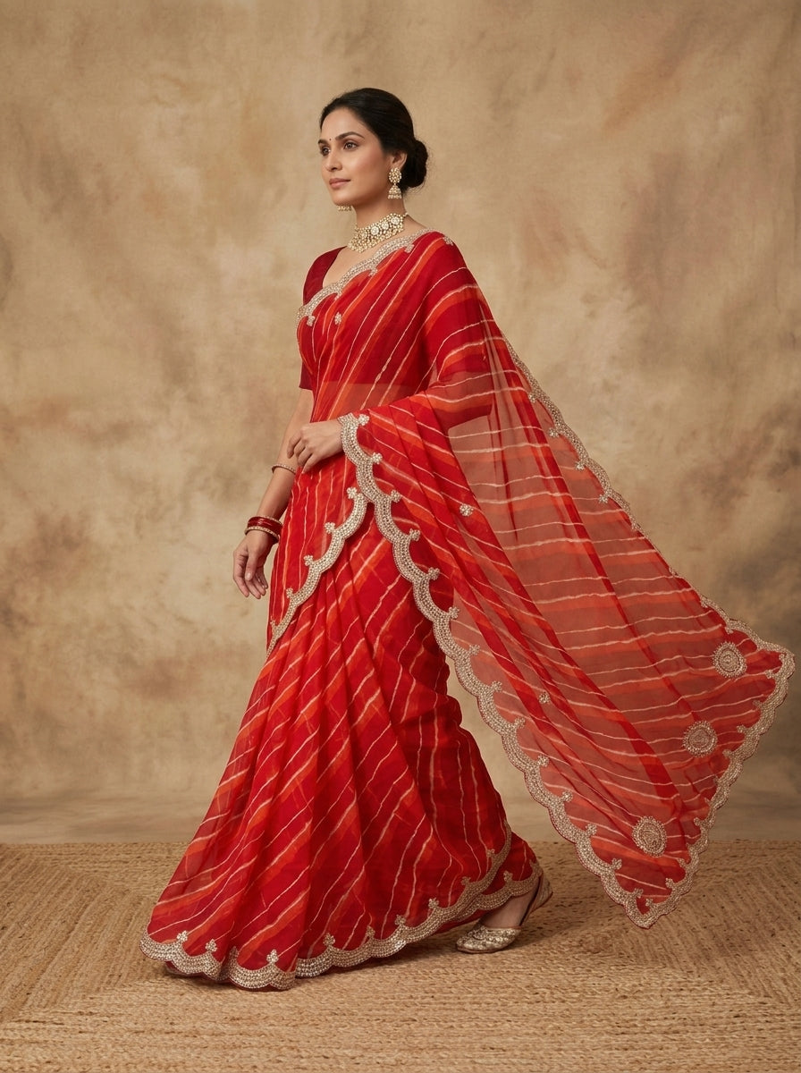 Red Leheriya Georgette Saree with Pearl Scalloped Border