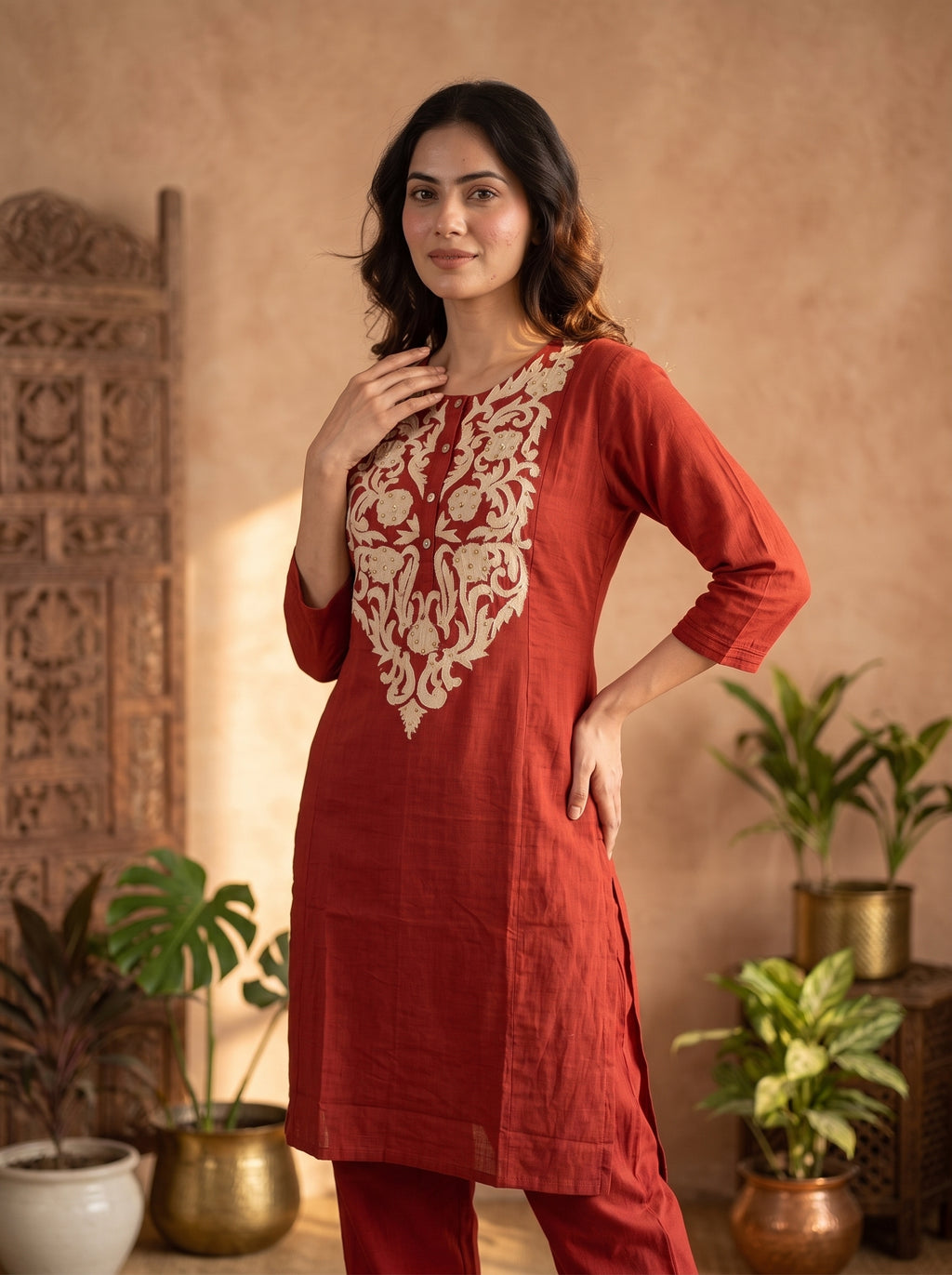 Rust Red Aari Embroidered Cotton Kurta Pant Set