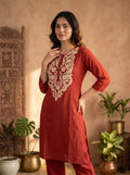 Rust Red Aari Embroidered Cotton Kurta Pant Set