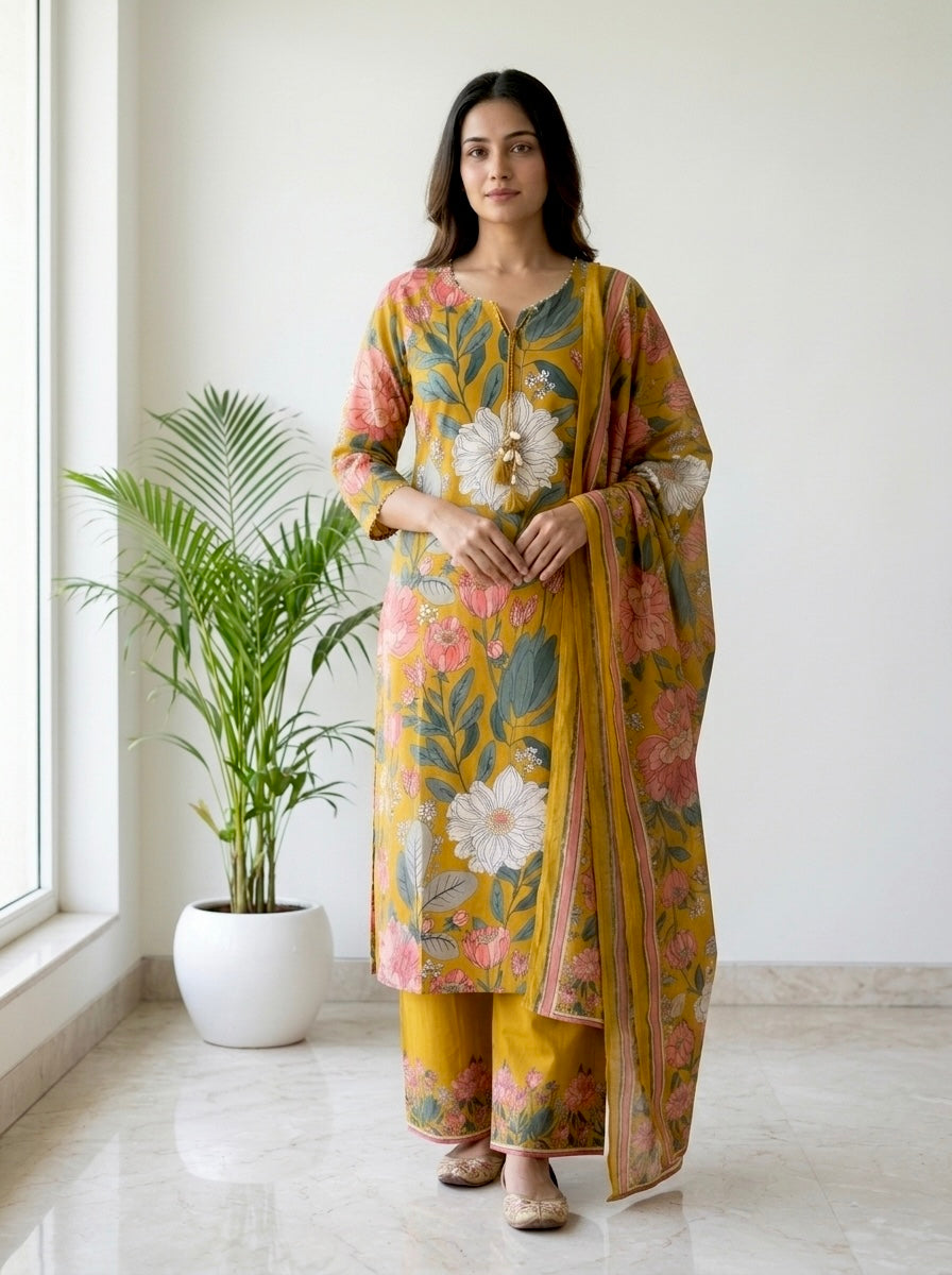 Mustard Floral Print Cotton Kurta Pant Set with Dupatta