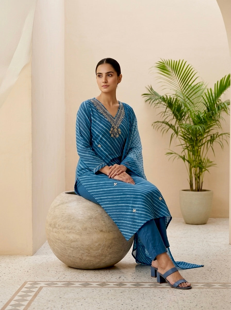 Teal Blue Leheriya Printed Kurta Pant Set with Dupatta