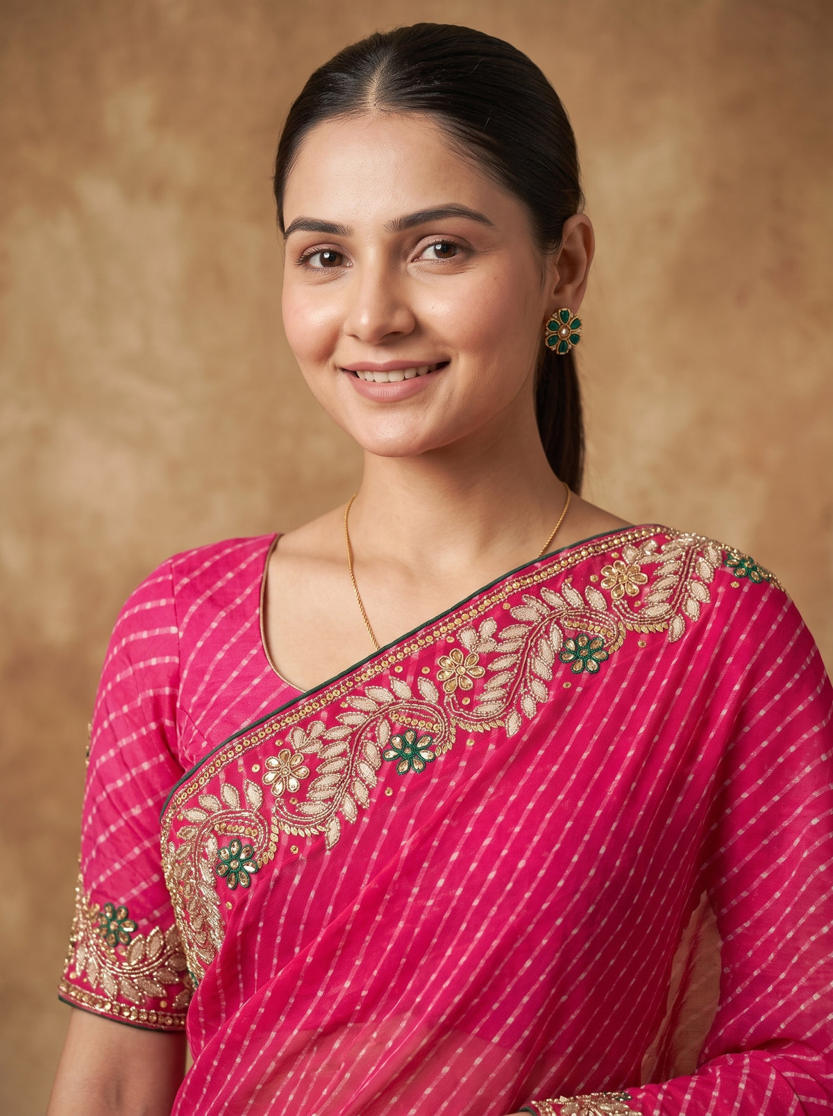 Rani Pink  Leheriya Georgette Saree with Gold Embroidered Border & Blouse Piece