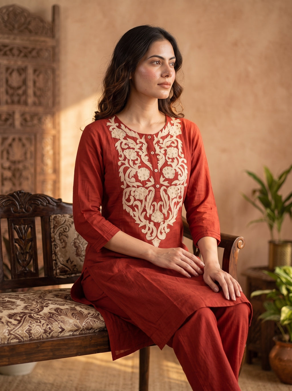 Rust Red Aari Embroidered Cotton Kurta Pant Set