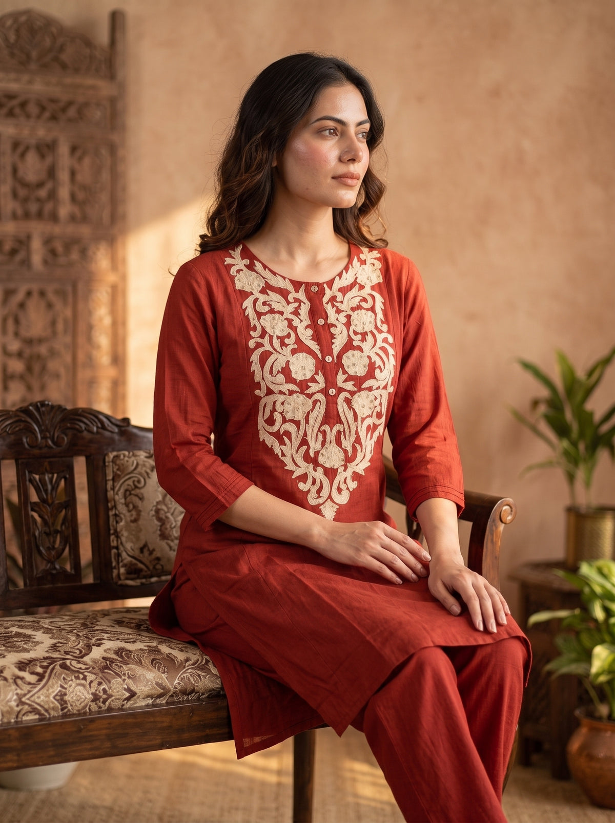 Rust Red Aari Embroidered Cotton Kurta Pant Set