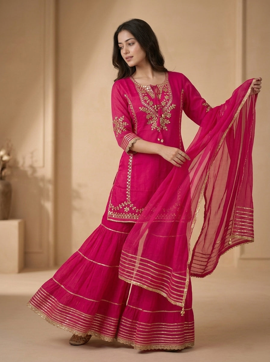 Rani Pink Gota Patti Embroidered Kurta Sharara Set with Dupatta