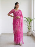 Pink Leheriya Georgette Saree with Pearl Work & Blouse Piece