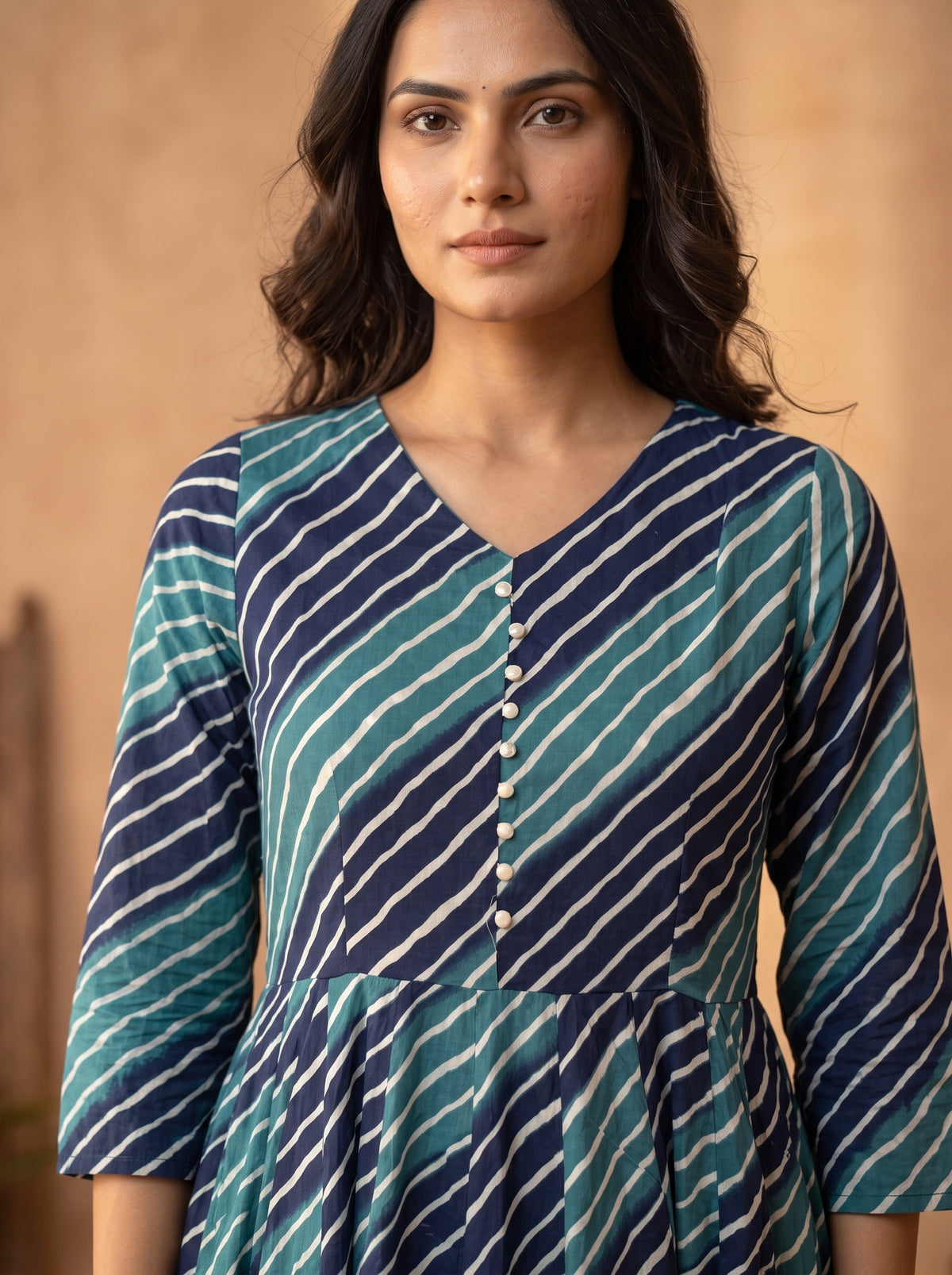 Blue Leheriya Printed Cotton Anarkali Set