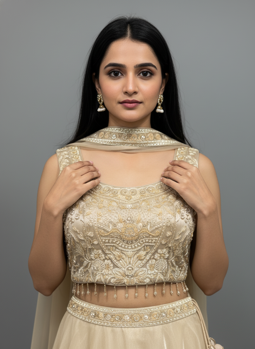 Champagne Gold Shimmer Rim-Jhim Lehenga Set – Reception and Cocktail Wear