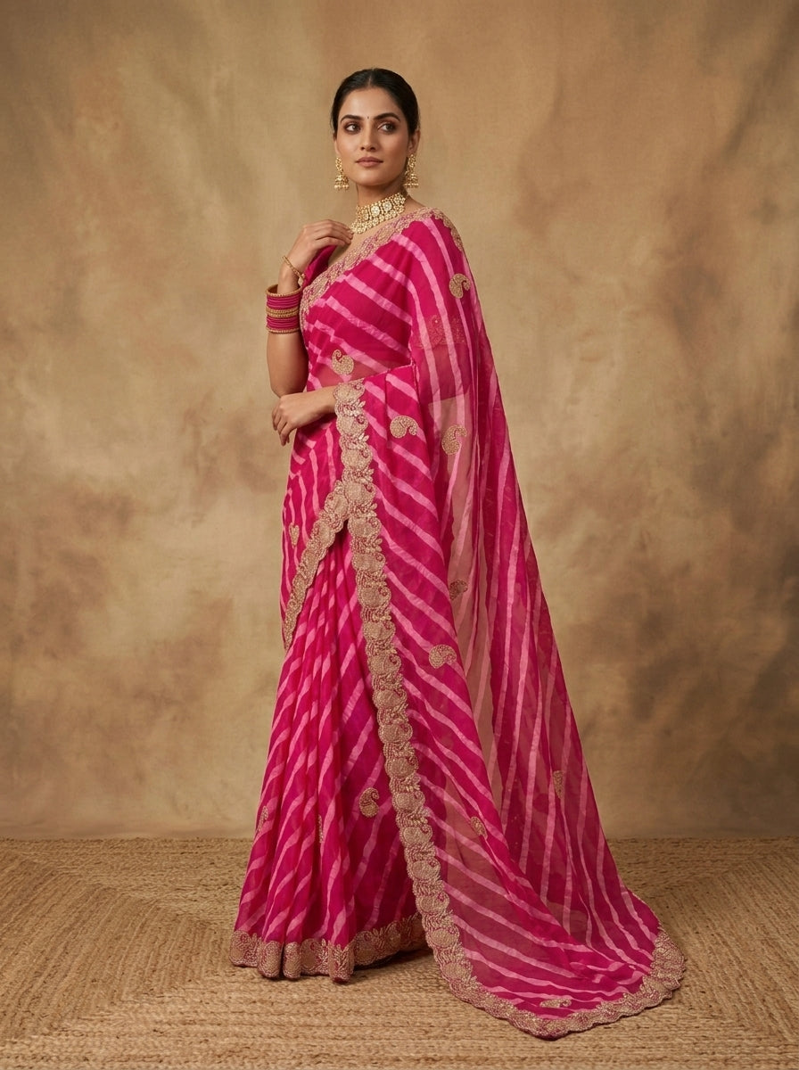 Rani Pink Leheriya Georgette Saree with Embroidered Scalloped Border