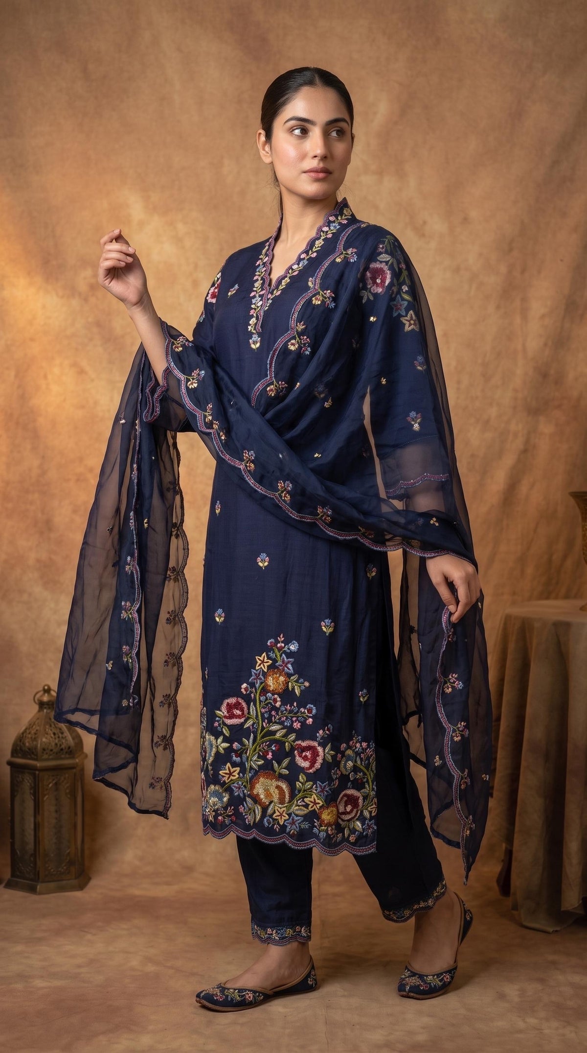 Navy Blue Embroidered Suit Set with Organza Dupatta | Label RS