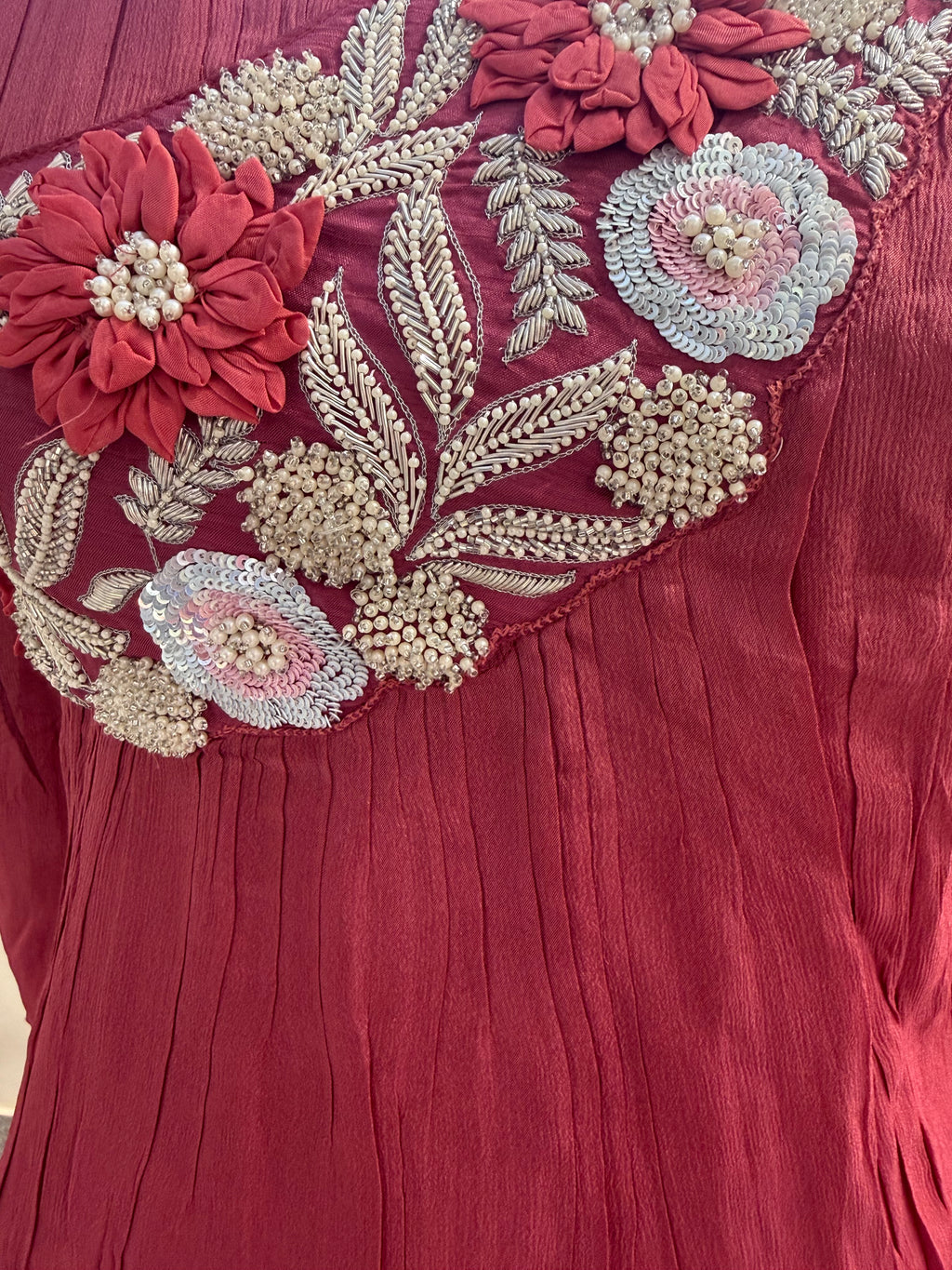 Maroon Georgette Floral Embroidered Kurta and Sharara Set