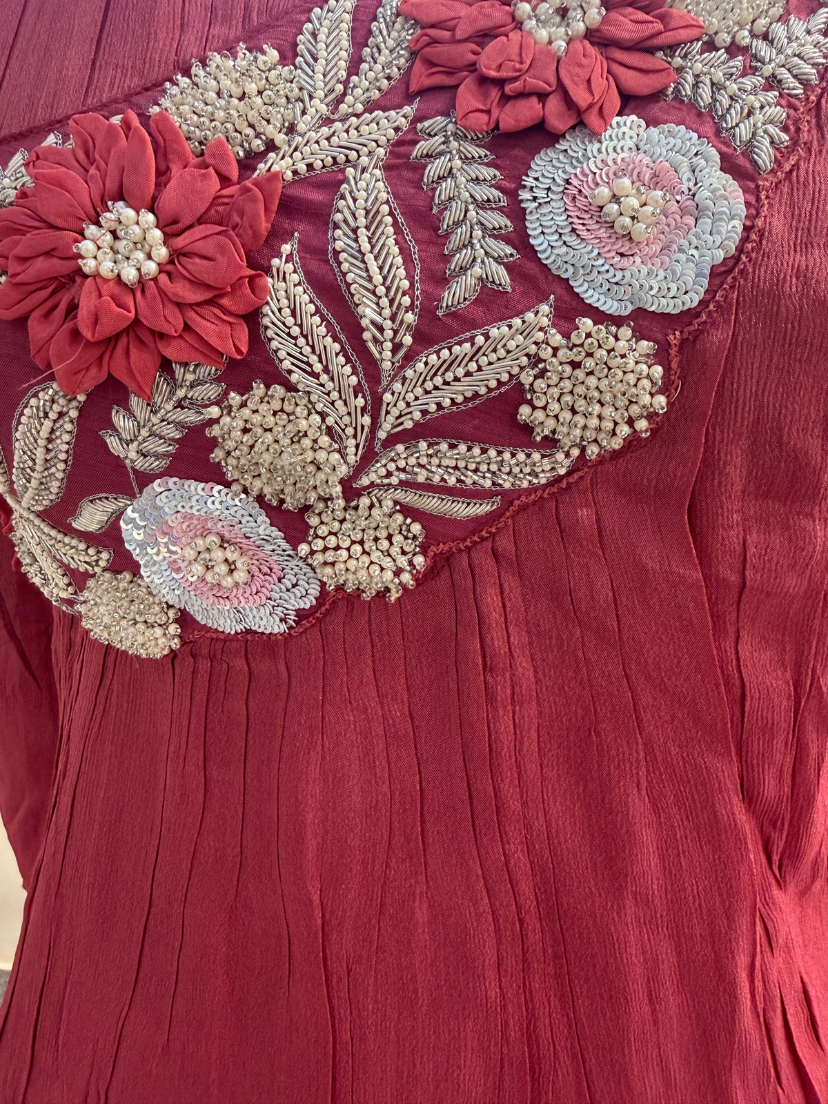 Maroon Georgette Floral Embroidered Kurta and Sharara Set