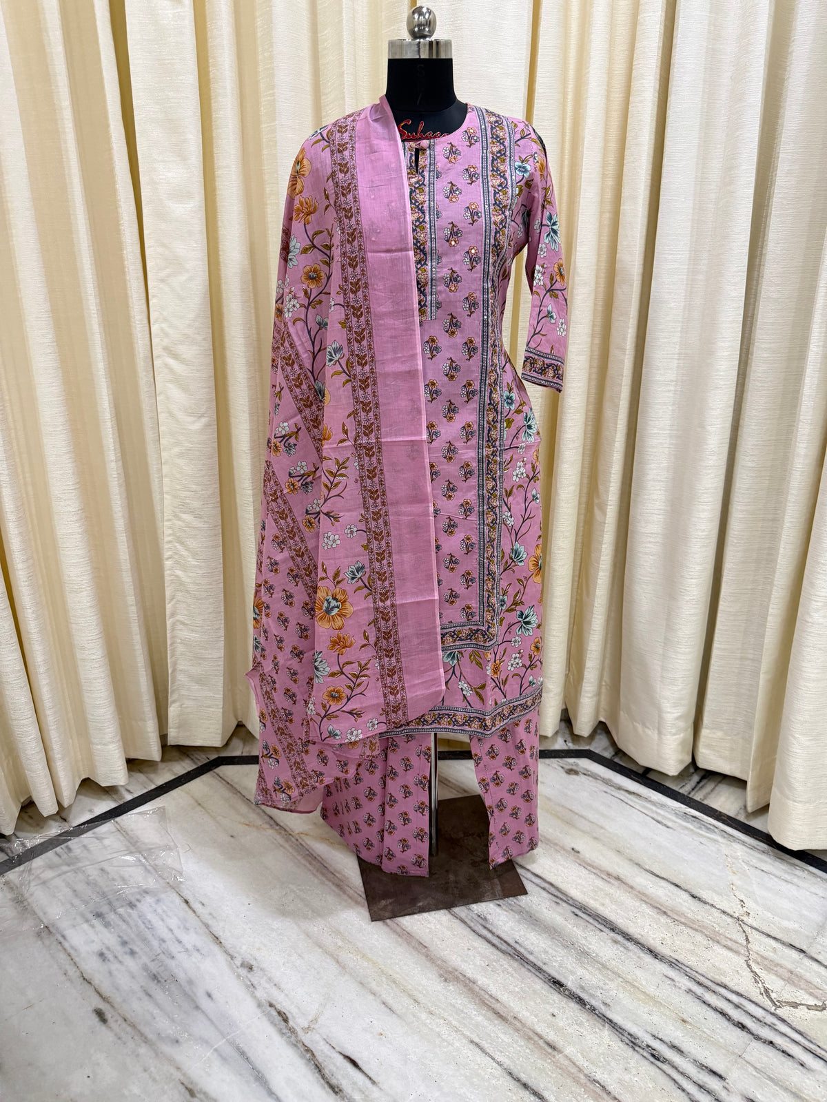 Blush Pink Floral A-Line Cotton Suit Set for Women – Daily Wear Kurta with Dupatta