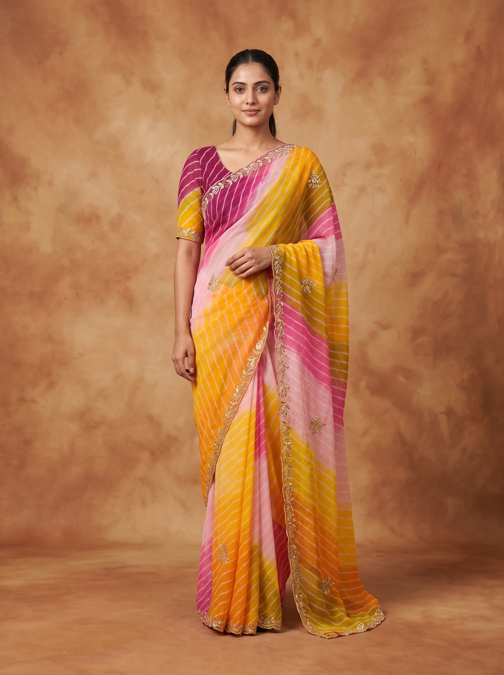 Pink Yellow & Magenta Leheriya Georgette Saree with Kat Dana Work & Blouse Piece