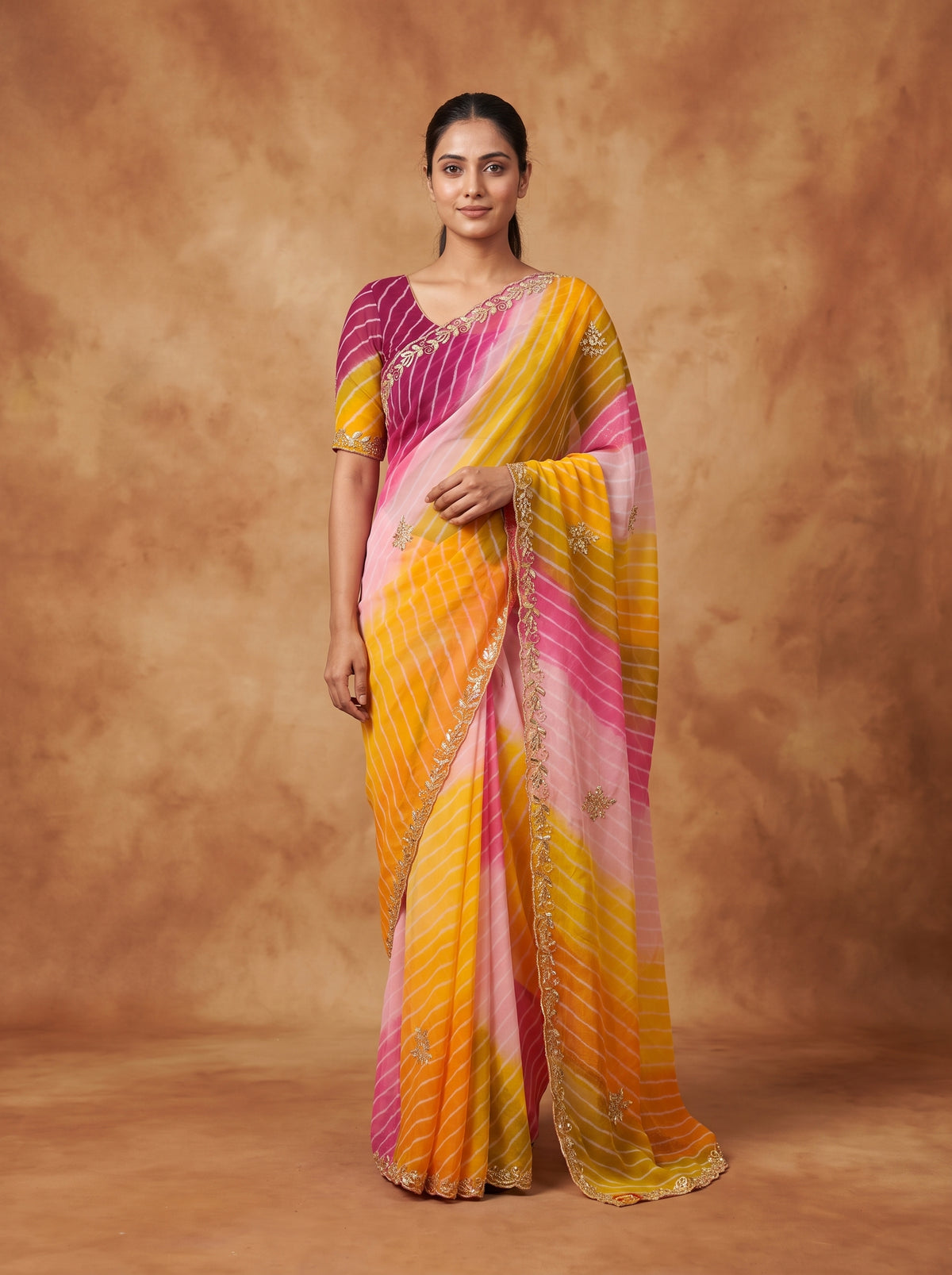Pink Yellow & Magenta Leheriya Georgette Saree with Kat Dana Work & Blouse Piece