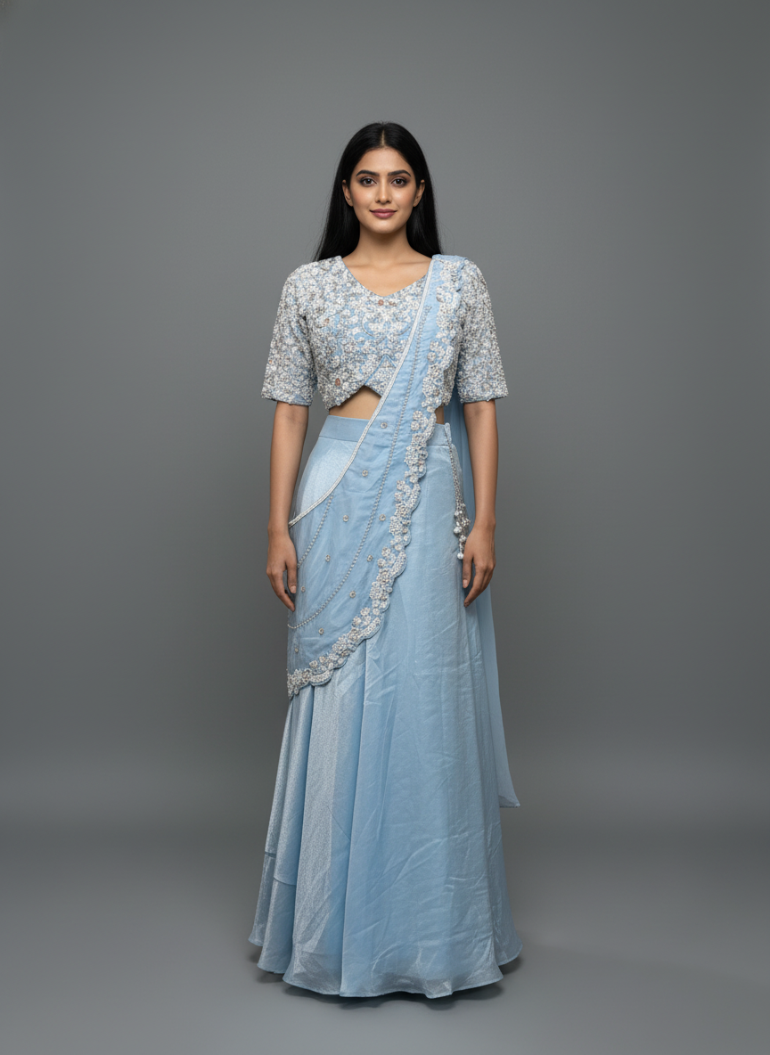 Icy Blue Sequined Blouse and Draped Skirt – Indo-Western Set