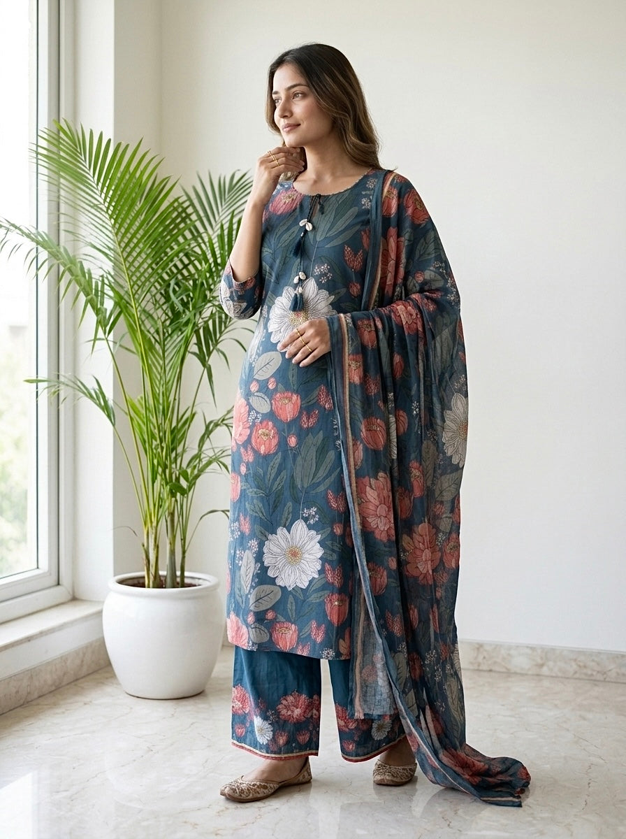Blue Floral Print Cotton Kurta Pant Set with Dupatta