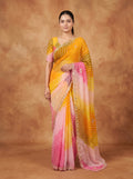 Yellow & Pink Leheriya Georgette Saree with Kat Dana Work & Blouse Piece
