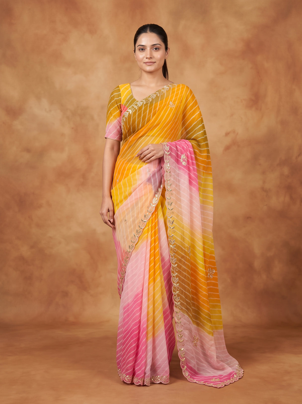 Yellow & Pink Leheriya Georgette Saree with Kat Dana Work & Blouse Piece