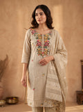 Beige Floral Embroidered Pure Linen Kurta Set with Dupatta