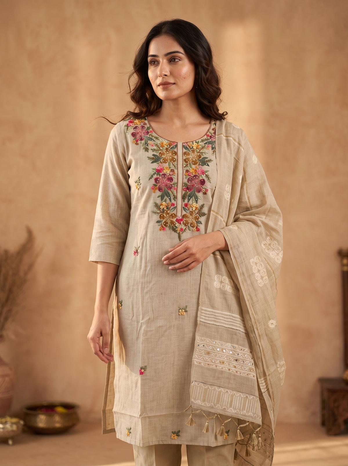 Beige Floral Embroidered Pure Linen Kurta Set with Dupatta