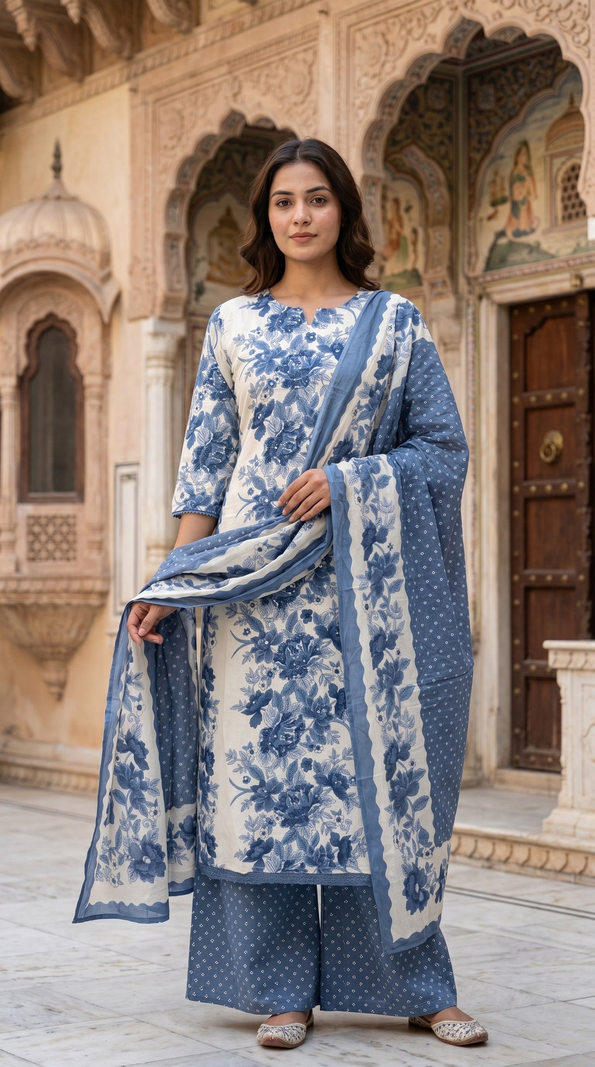 Indigo Blue Floral Print Cotton Kurta Set for Women – Straight Daily & Office Wear Suit with Bandhani Dupatta