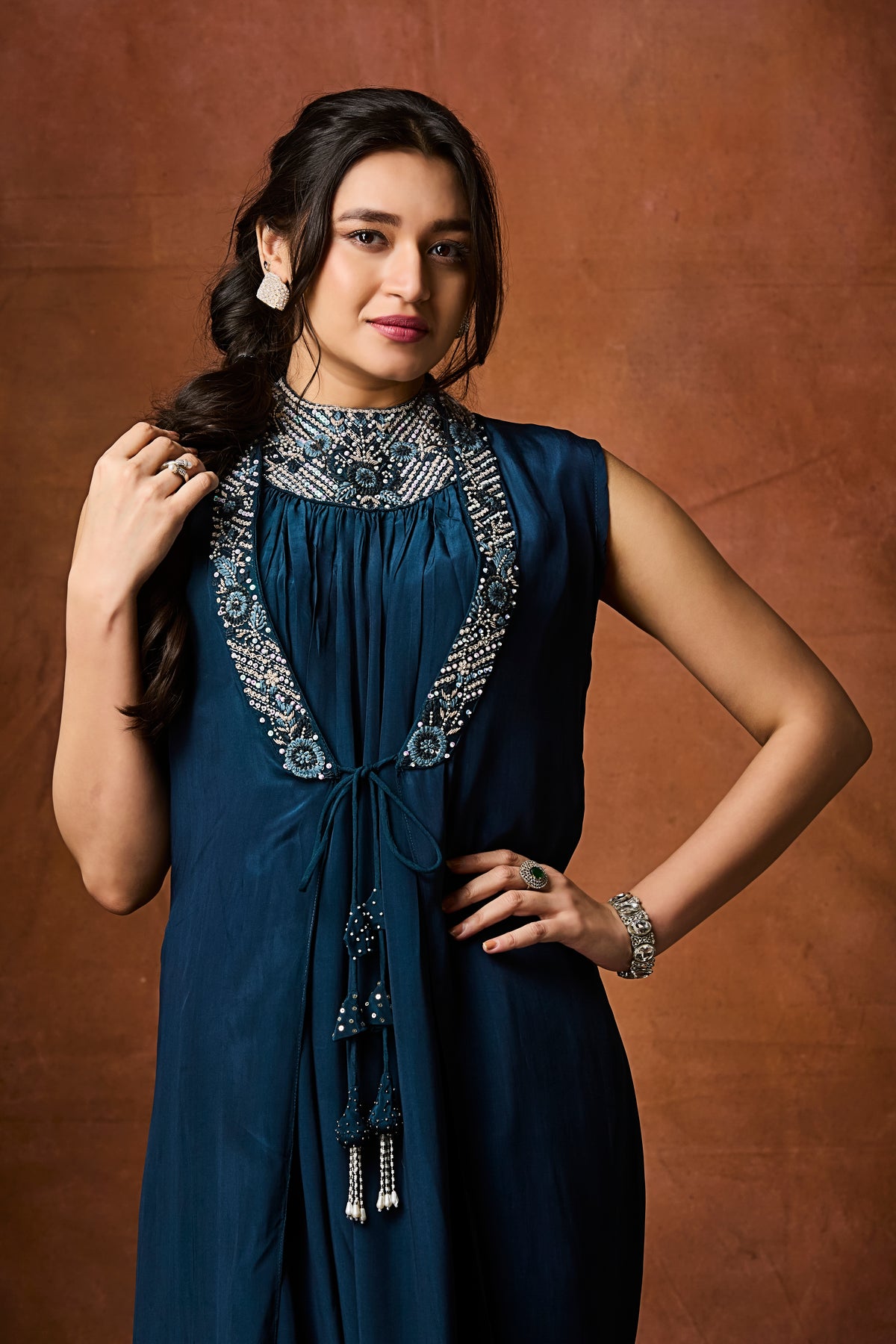 Sapphire Blue Moroccan-Inspired Jumpsuit with Beaded Collar