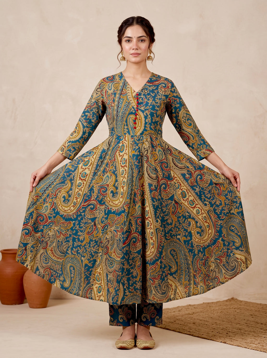 Blue Paisley Printed Cotton Anarkali Set