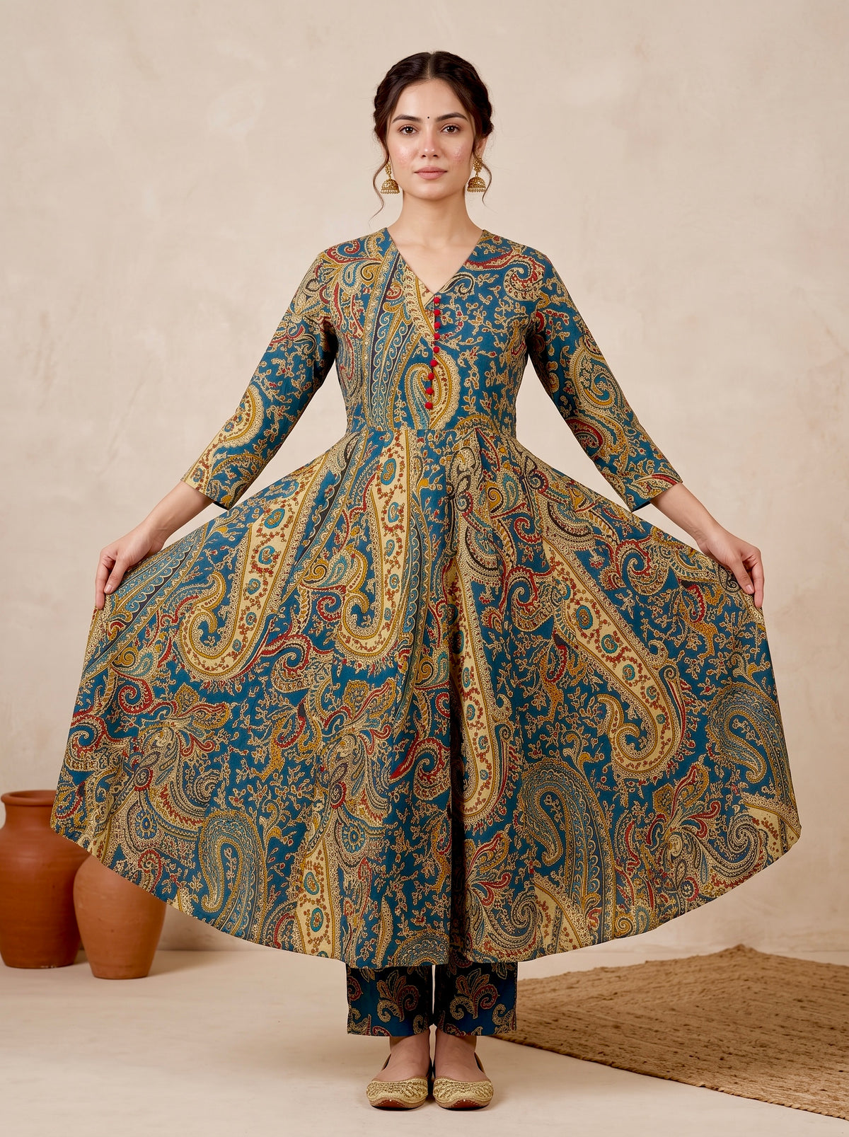 Blue Paisley Printed Cotton Anarkali Set