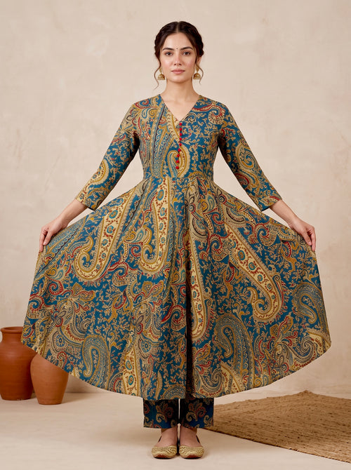 Blue Paisley Printed Cotton Anarkali Set