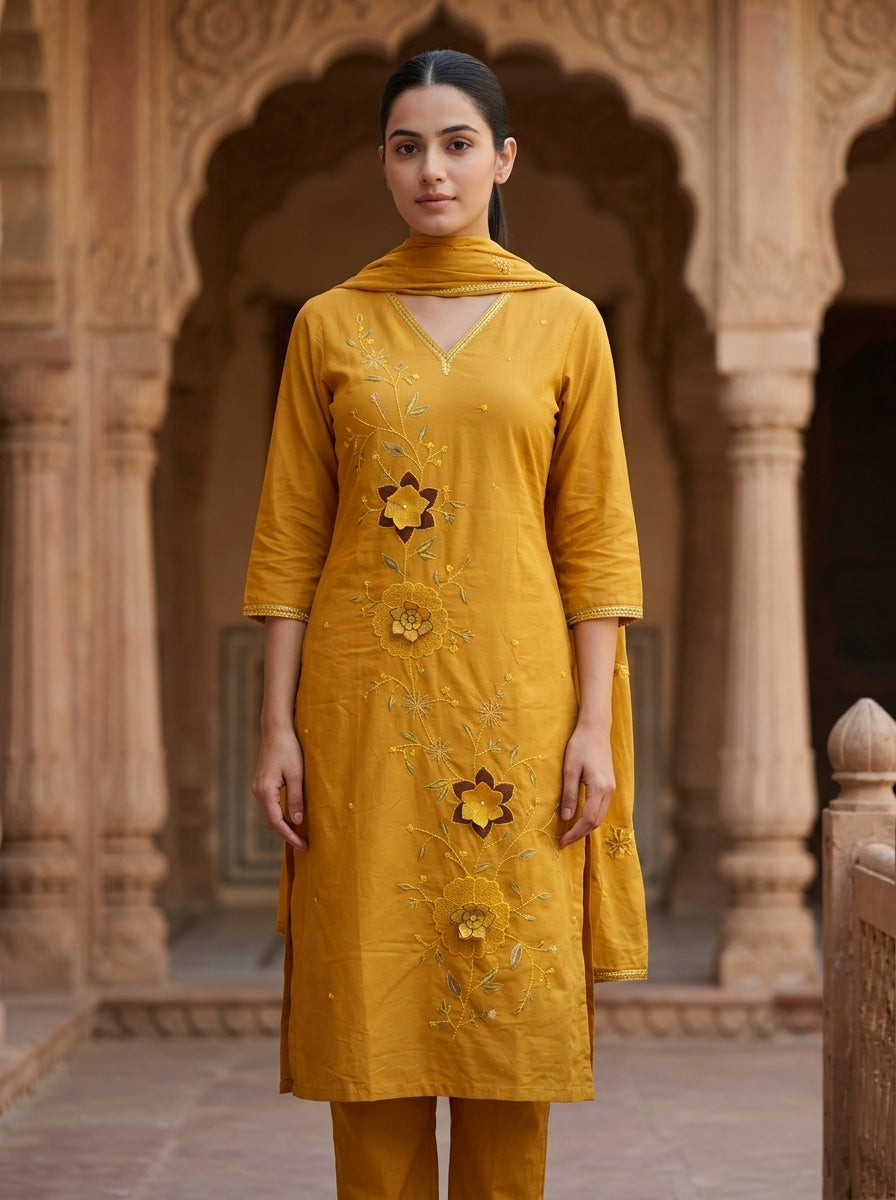 Mustard Yellow Floral Embroidered Cotton Kurta Set for Women – Straight Suit with Dupatta