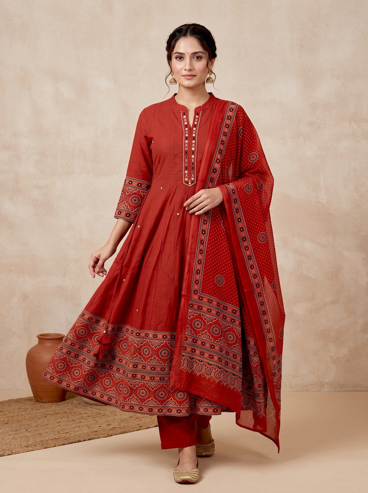 Rust Ajrakh Border Cotton Anarkali Set