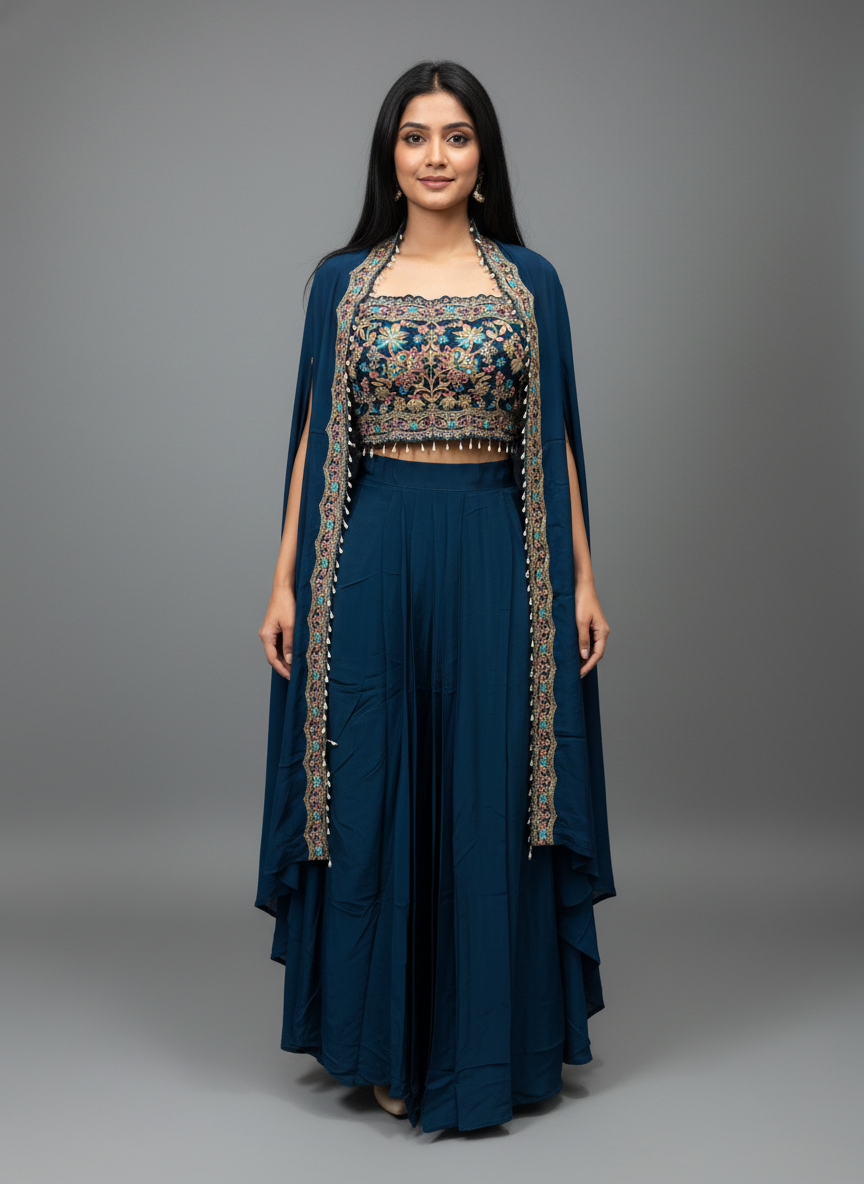 Powder Blue Crepe Skirt Set with Embroidered Cape – Festive Indo-Western