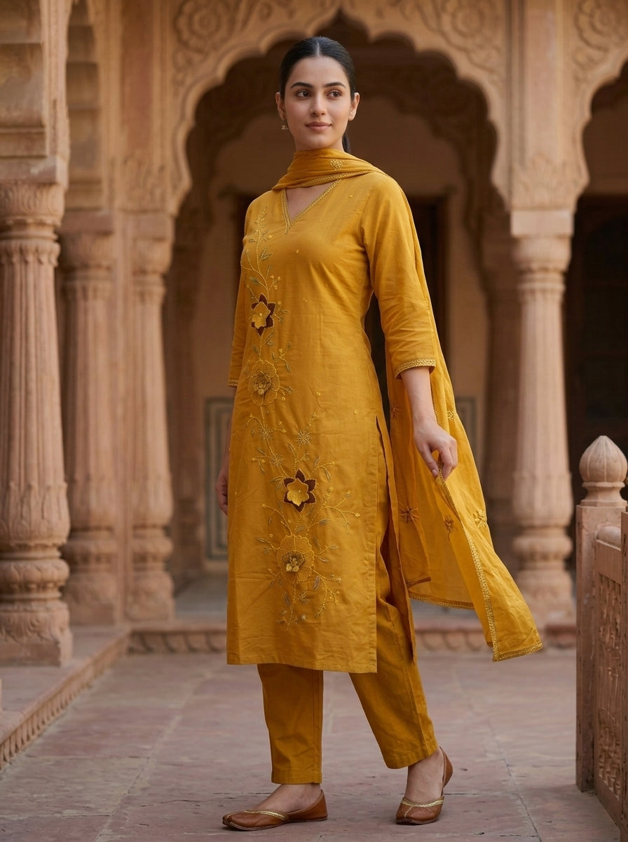 Mustard Yellow Floral Embroidered Cotton Kurta Set for Women – Straight Suit with Dupatta