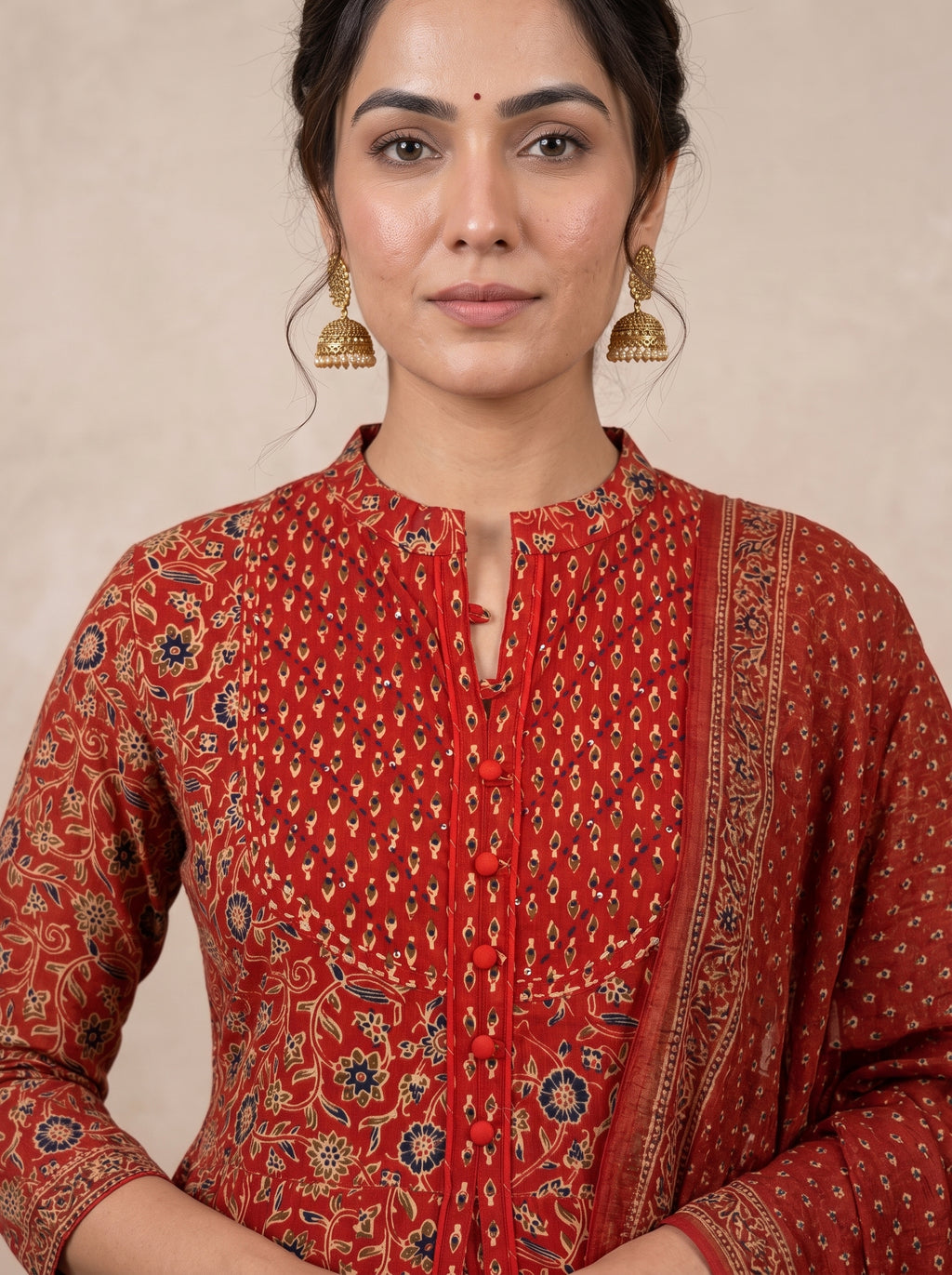 Red Ajrakh Printed Front Slit Anarkali Set