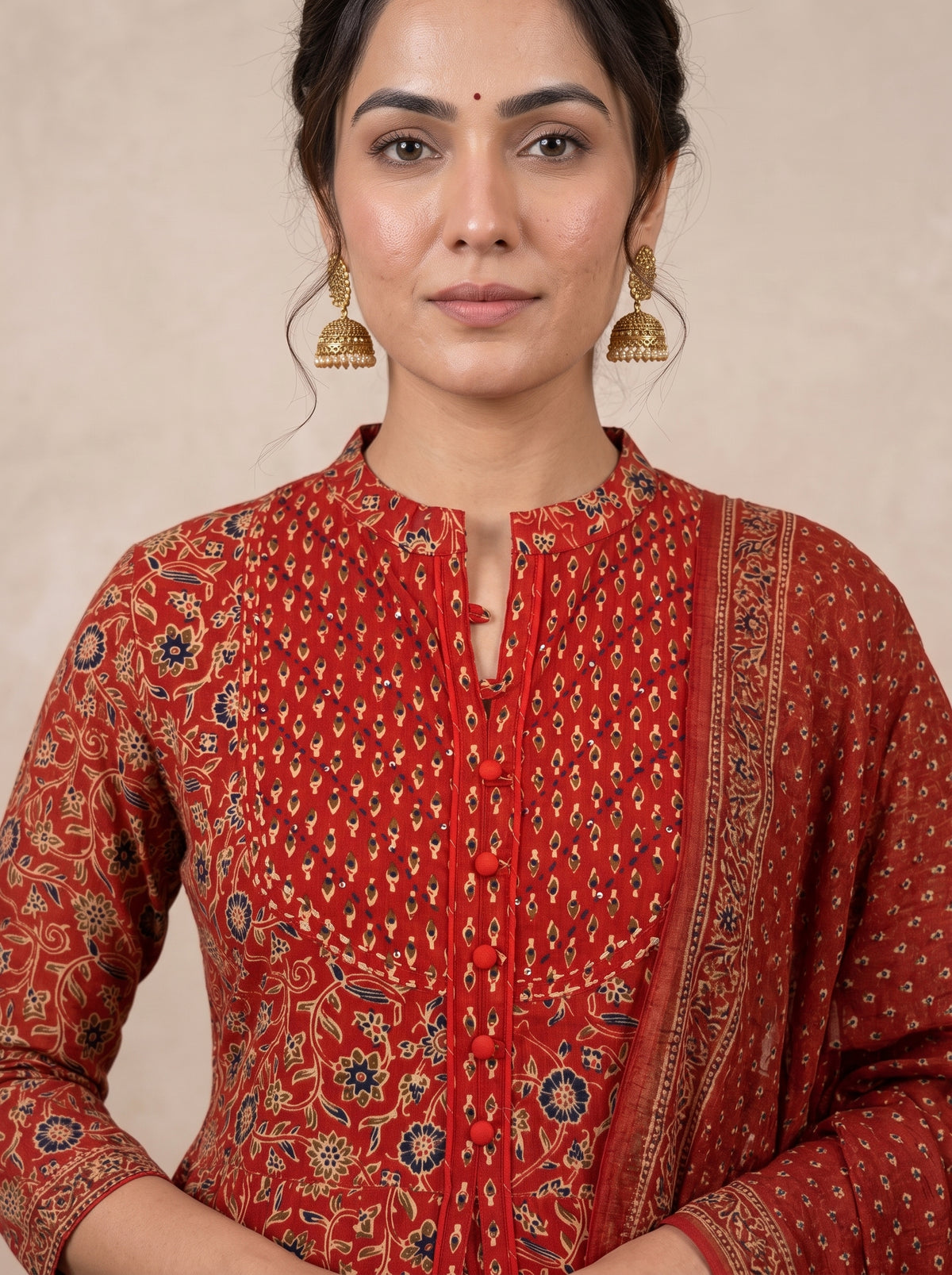 Red Ajrakh Printed Front Slit Anarkali Set