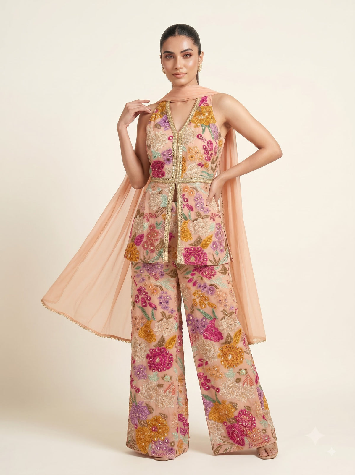 Peach Georgette Multicolour Floral Embroidered Tunic & Palazzo Co-ord Set