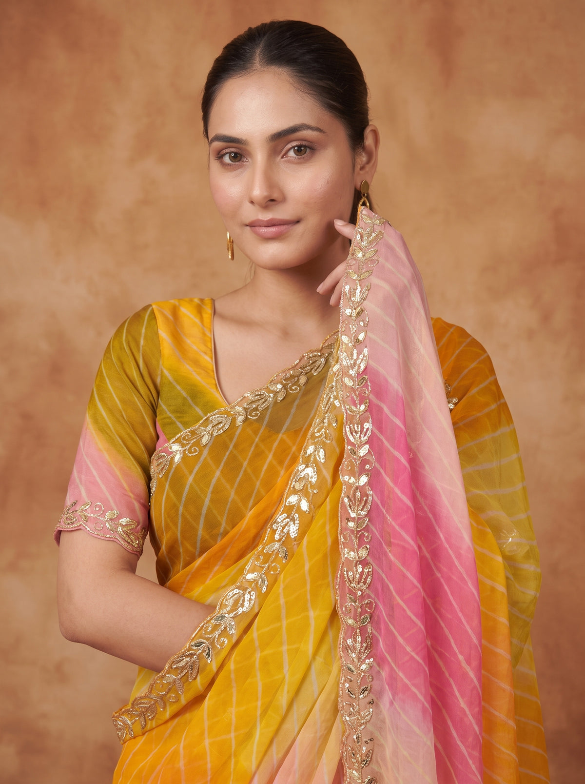 Yellow & Pink Leheriya Georgette Saree with Kat Dana Work & Blouse Piece