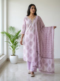 Lilac Block Print Cotton Kurta Pant Set with Dupatta