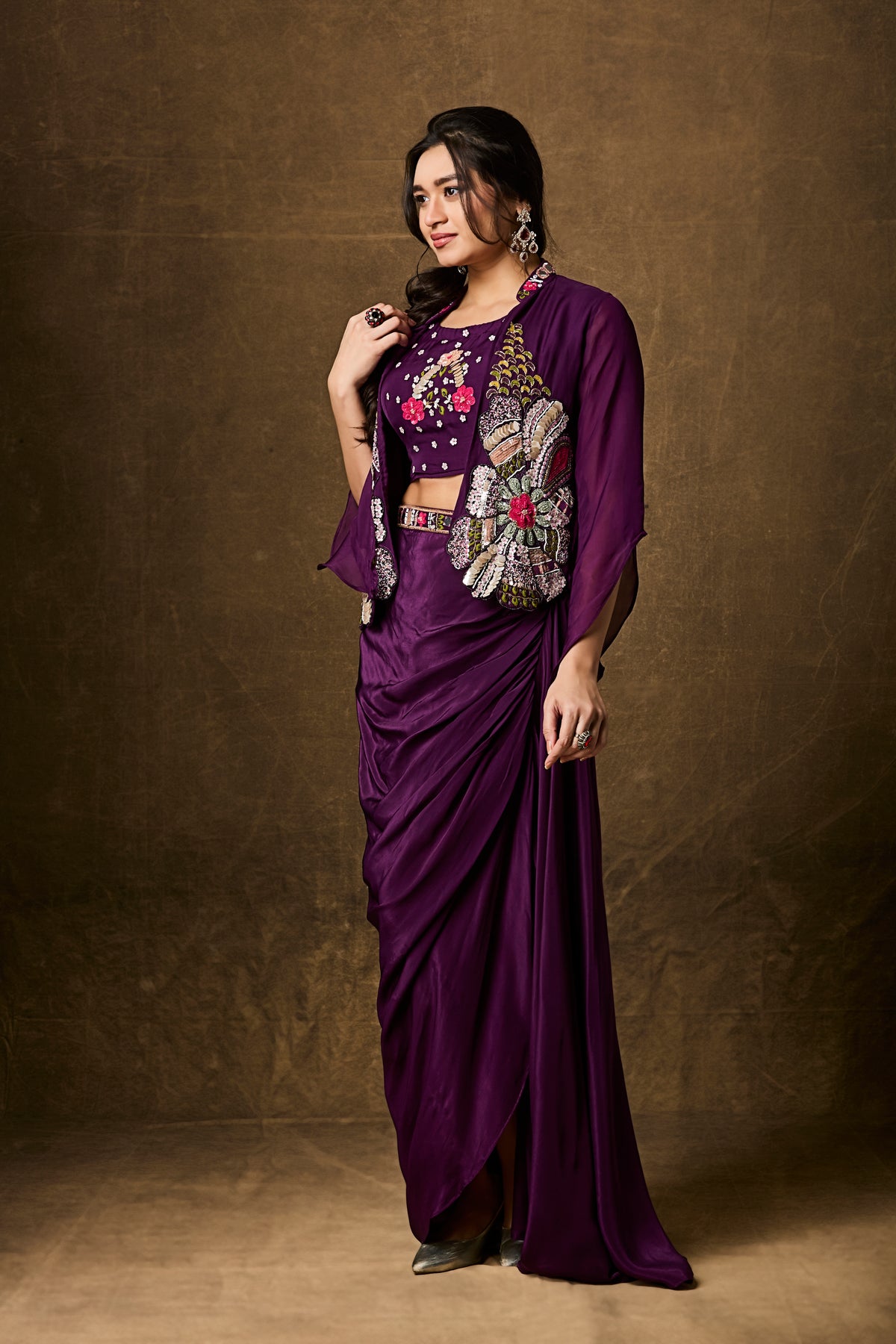 Purple Draped Skirt Set with Embroidered Jacket – Indo-Western Three-Piece