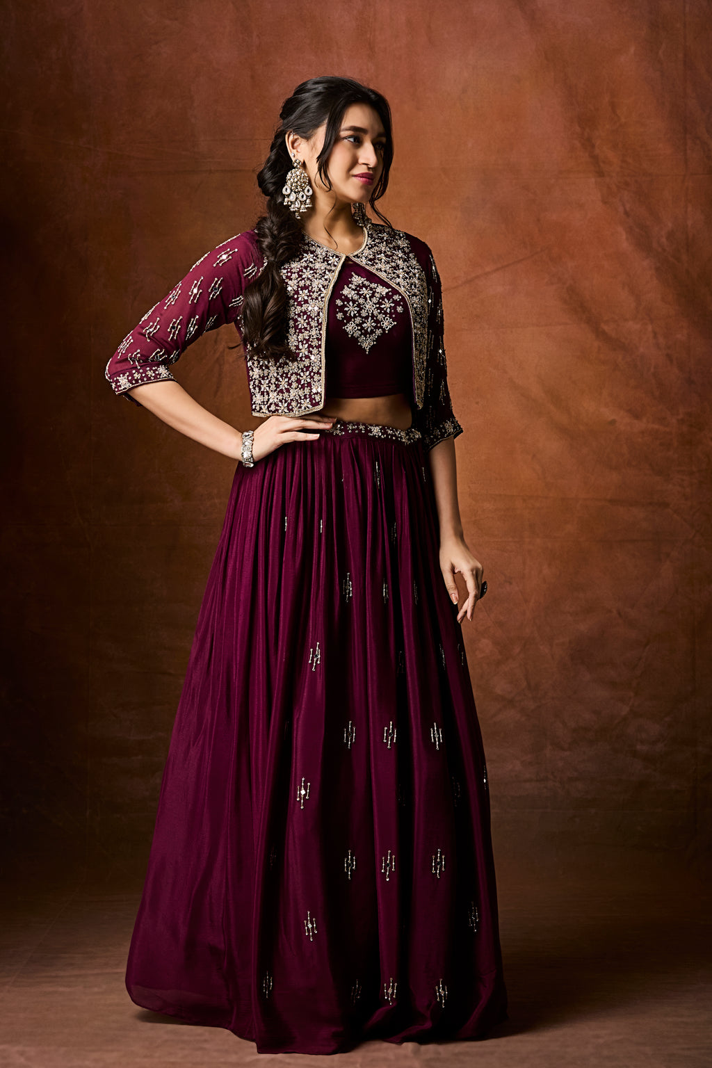 Royal Plum Three-Piece Lehenga Set with Sequin Embroidery