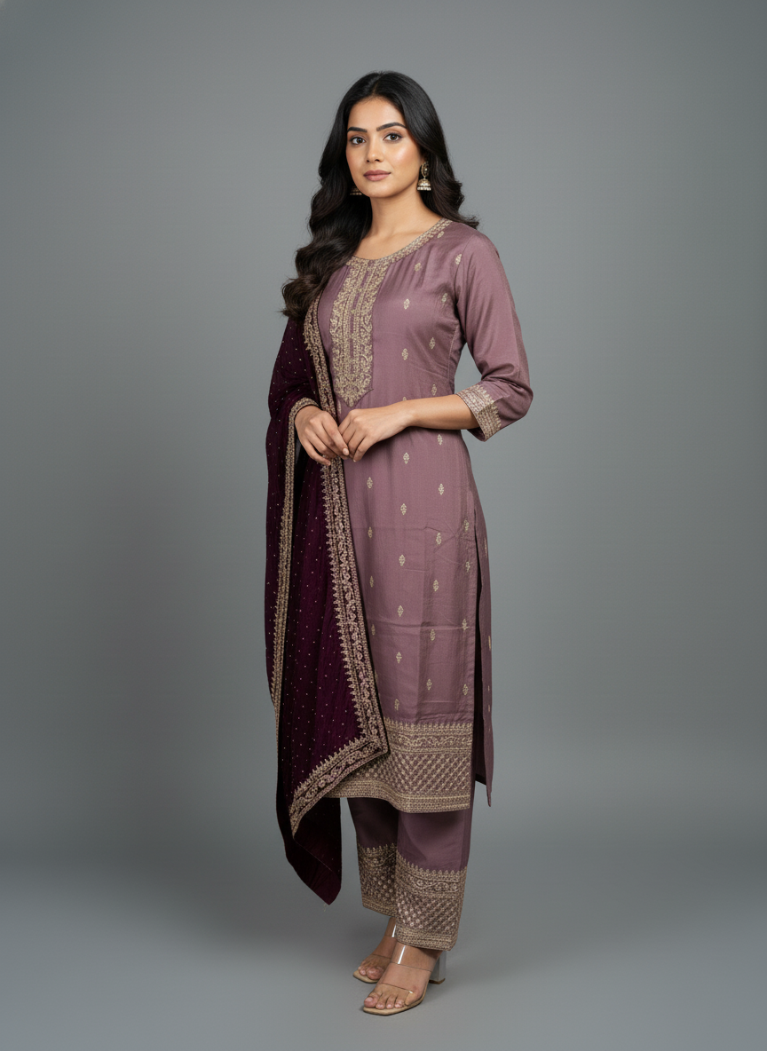 Mauve Silk Embroidered Kurta Set – The Mystique