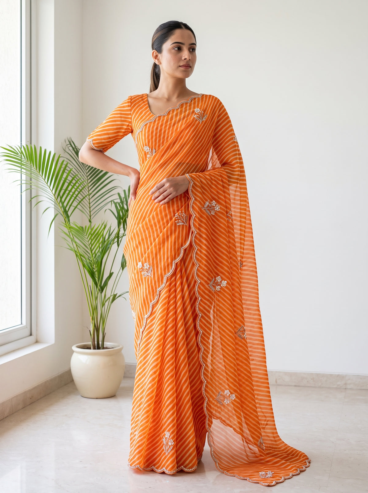 Orange Leheriya Georgette Saree with Pearl Work & Blouse Piece