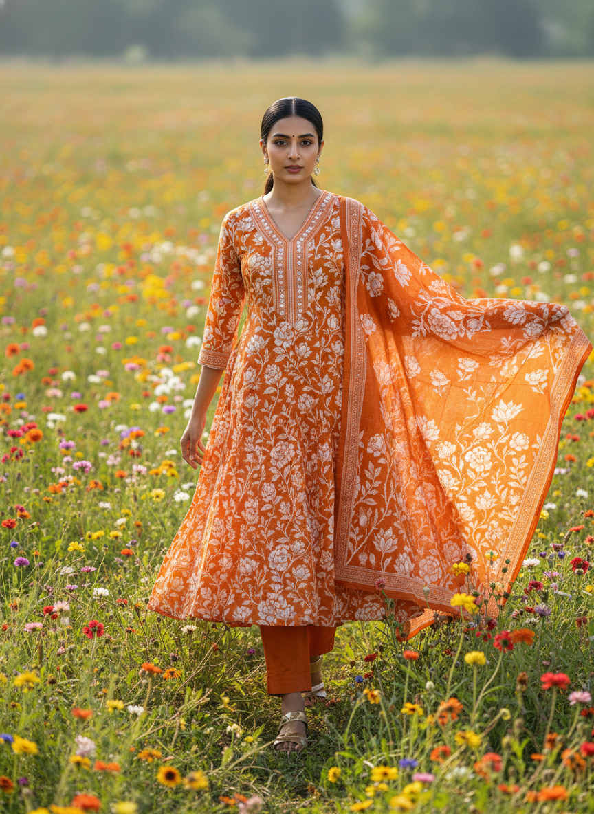 Rust Orange Floral Cotton Anarkali Kurta Set for Women – Printed Palazzo Suit