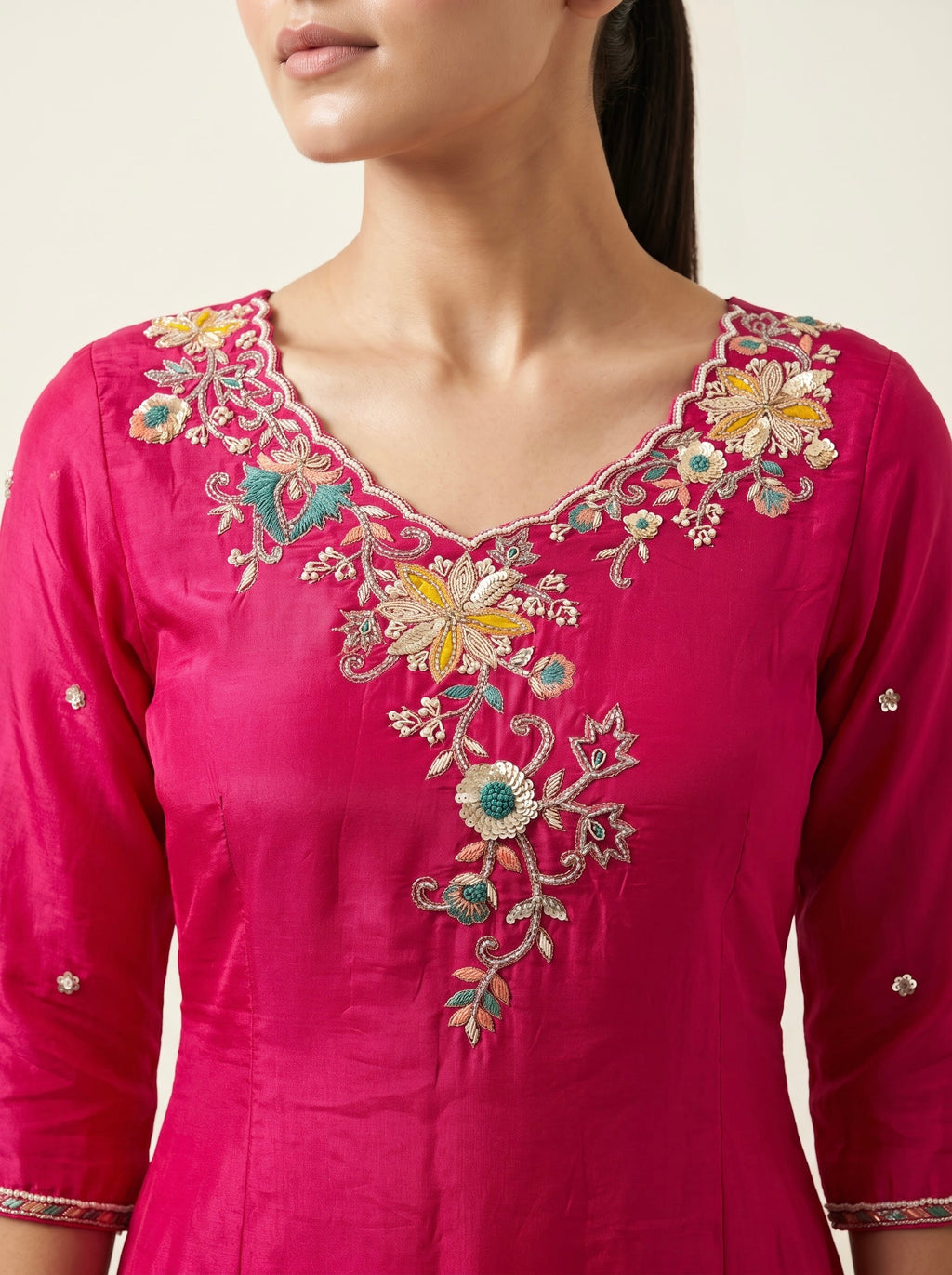 Rani Pink Pure Georgette Silk Sharara Set with Zardozi Embroidery & Organza Dupatta